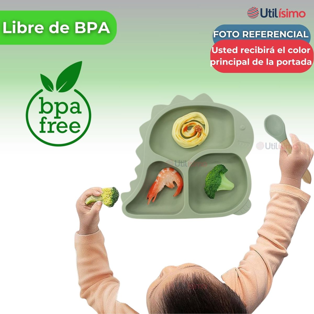 UTILISIMO - Set Alimentación Bebé Silicona 5 Piezas Dinosaurio Libre BPA