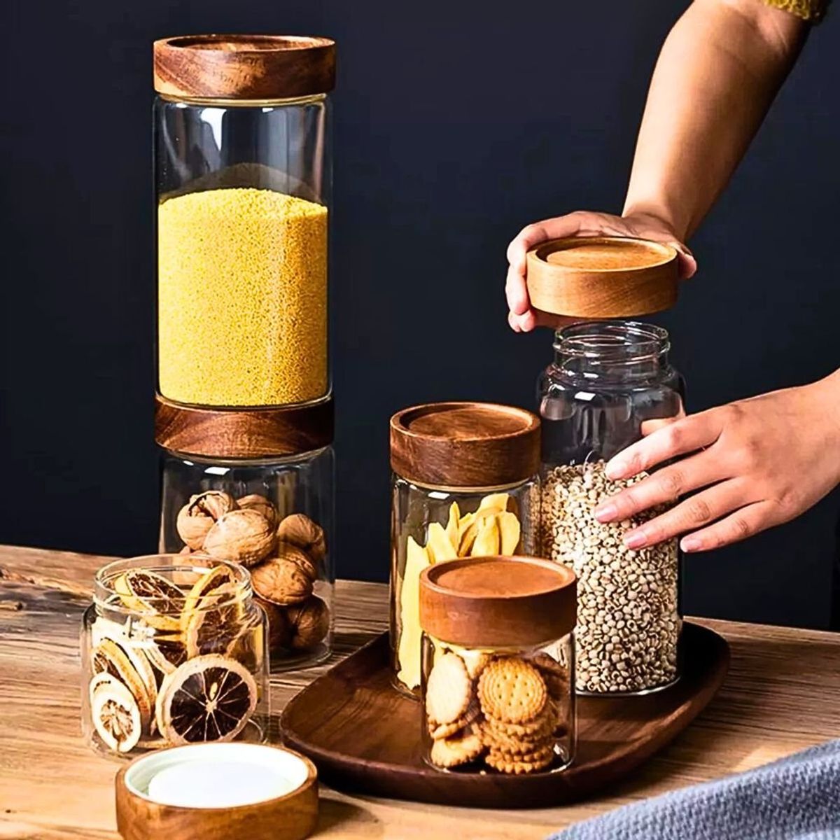 ALLEGRA - Set de 3 Frascos de Vidrio con tapa de Madera 500 ml