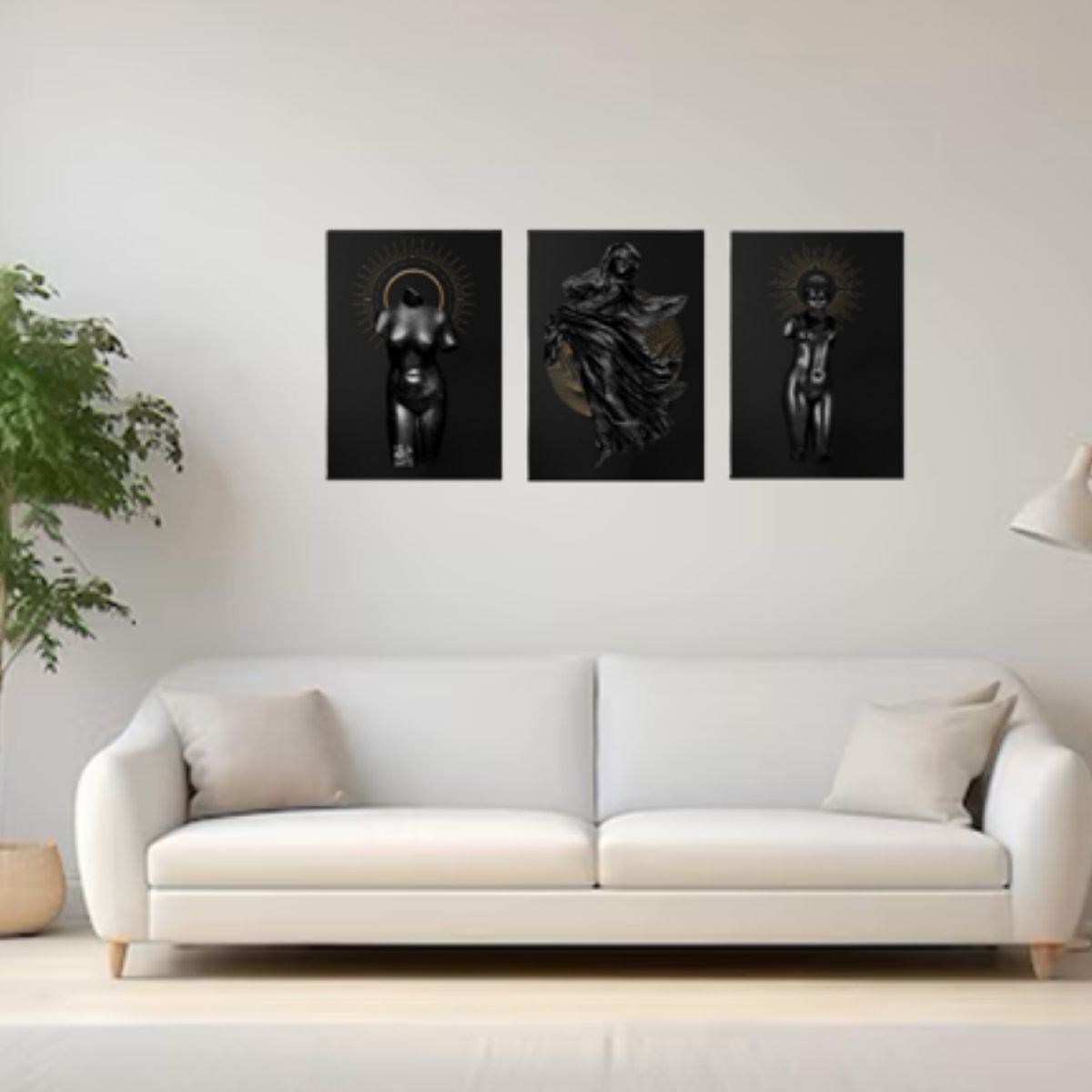 LOS REGALONES - Cuadro Canvas Imagen Escultura Negra en lienzo Pack X3 Uds 30x50cm Cu