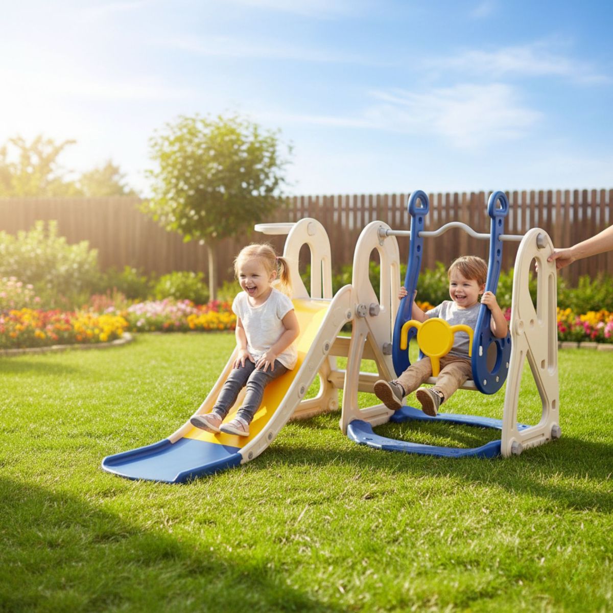 BABYLUNA - Set Resbalín Columpio y Aro de Baloncesto Azul