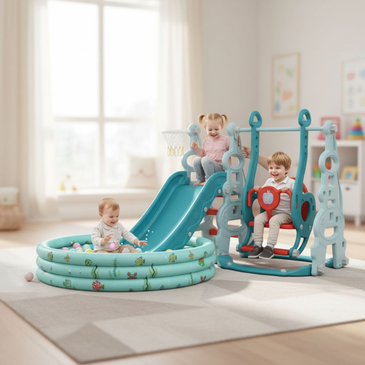 BABYLUNA - Resbalín Columpio y Piscina Pelotas con Aro Baloncesto Azul