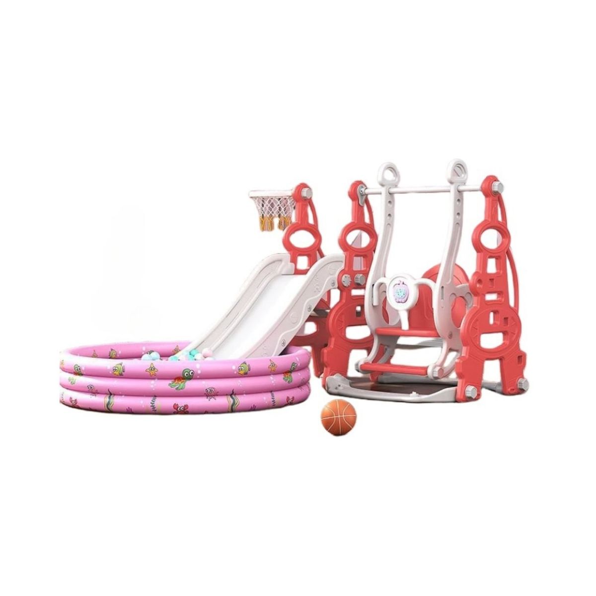 BABYLUNA - Resbalín Columpio y Piscina Pelotas con Aro Baloncesto Rojo
