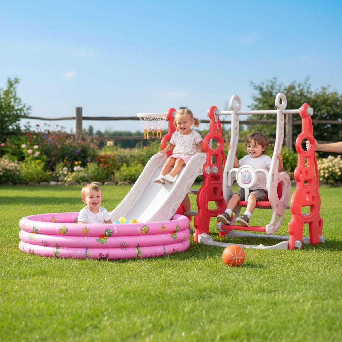 BABYLUNA - Resbalín Columpio y Piscina Pelotas con Aro Baloncesto Rojo