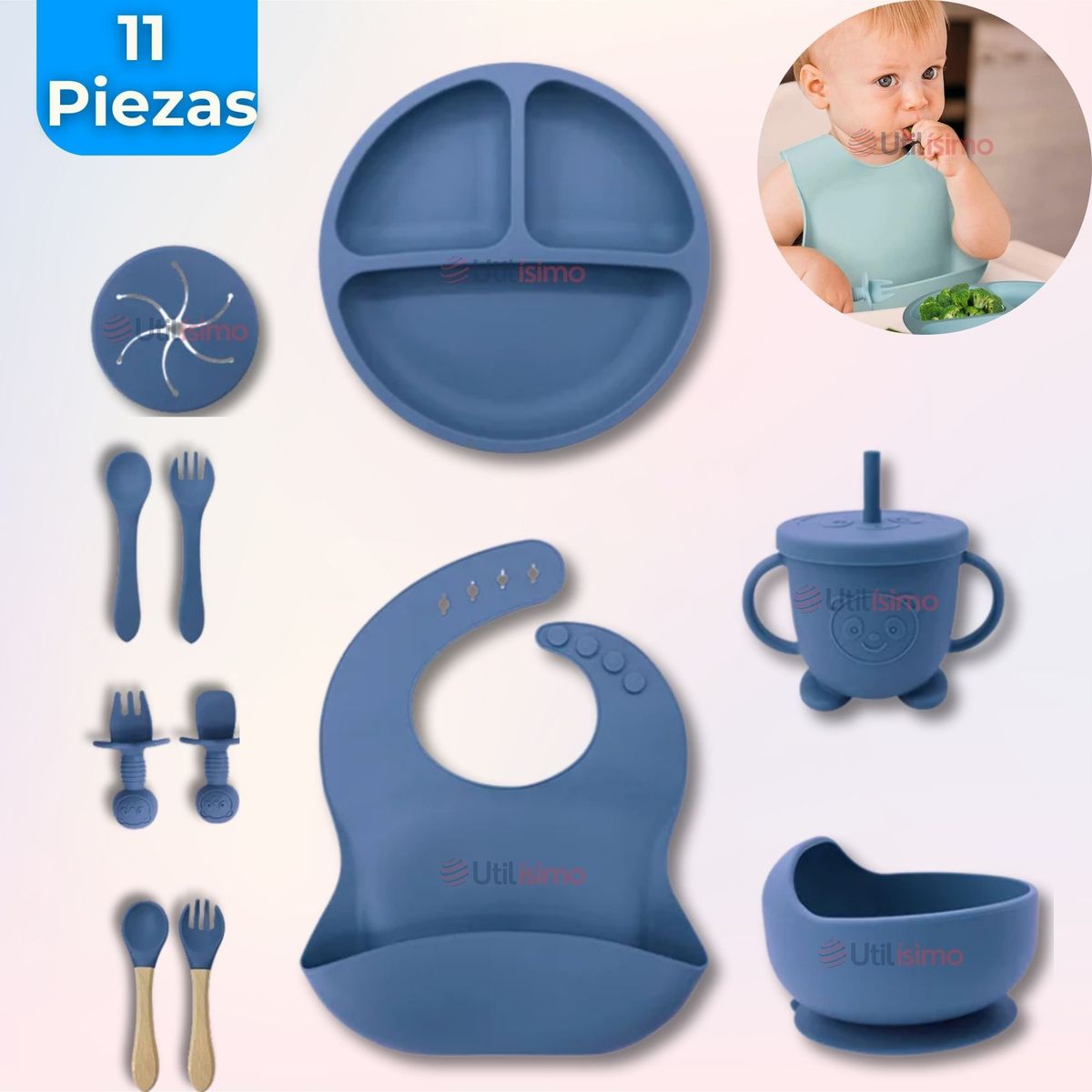 UTILISIMO - Set De Alimentación Bebé Silicona 11 Piezas Libre BPA Azul