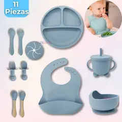 UTILISIMO - Set Alimentación Bebé Silicona 11 Piezas Libre BPA Celeste