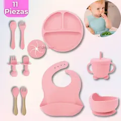 UTILISIMO - Set De Alimentación Bebé Silicona 11 Piezas Libre BPA Rosado