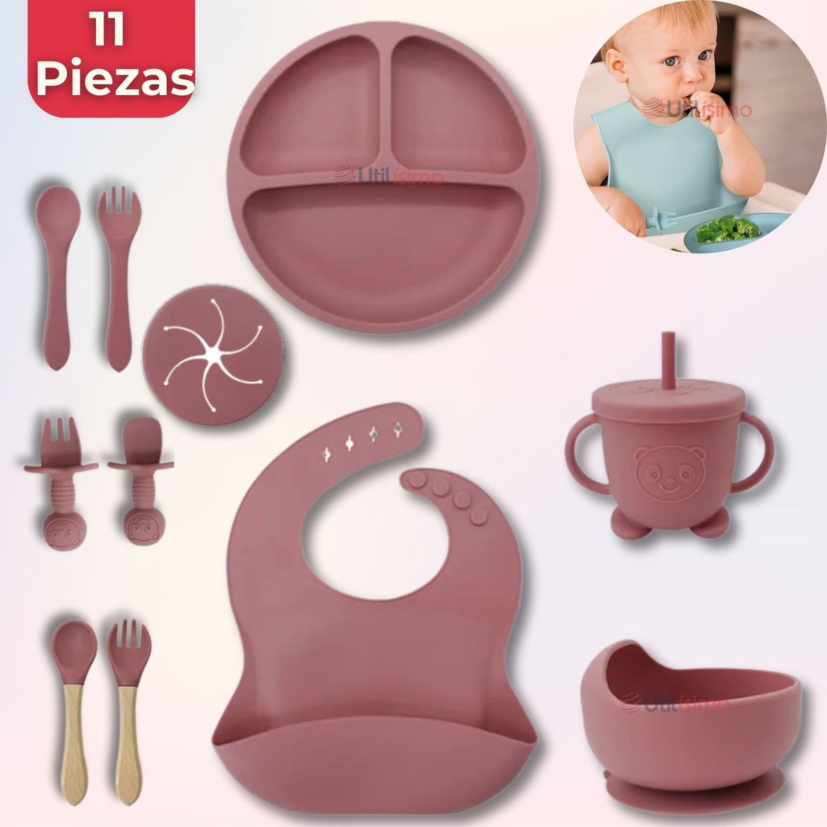 UTILISIMO - Set Alimentación Bebé Silicona 11 Piezas Libre BPA Rosa