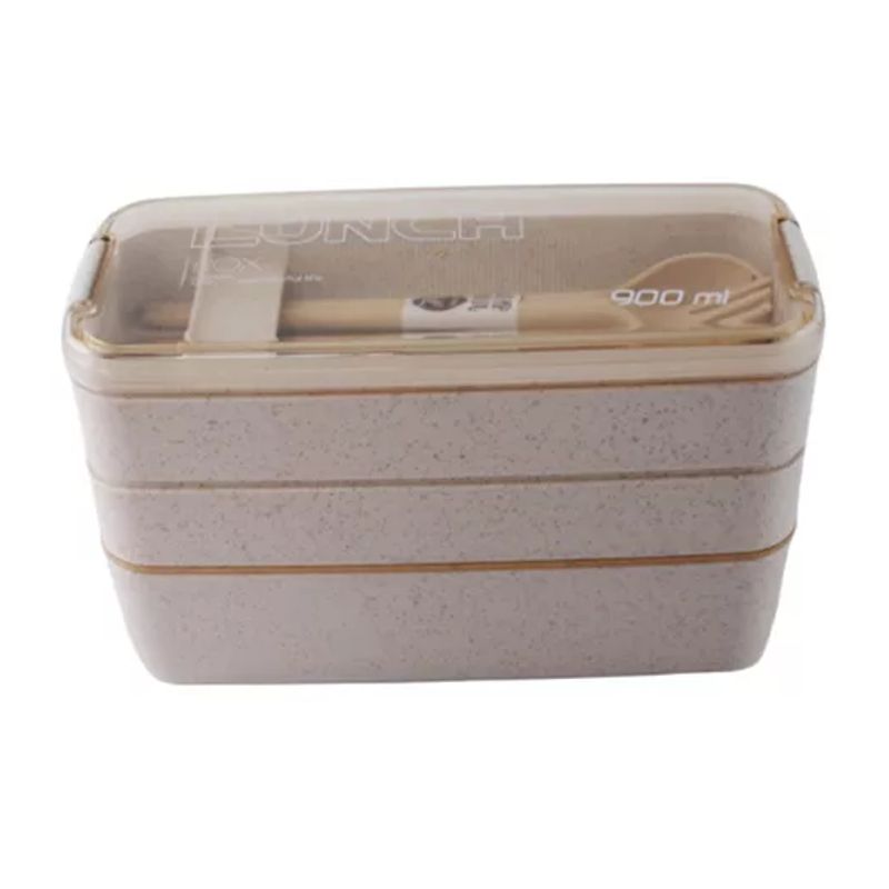 GENERICO - Lonchera comida de 3 niveles con cuchara y tenedor 900 ml color beige