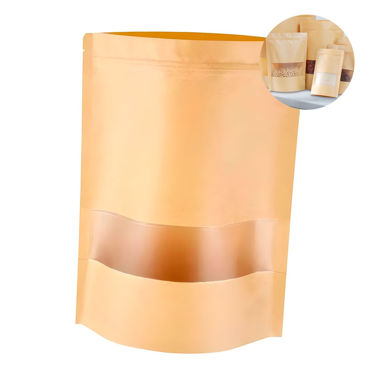 GENERICO - 300 Bolsas DoyPack Kraft Hermetico Con Visor 12X20X4CM