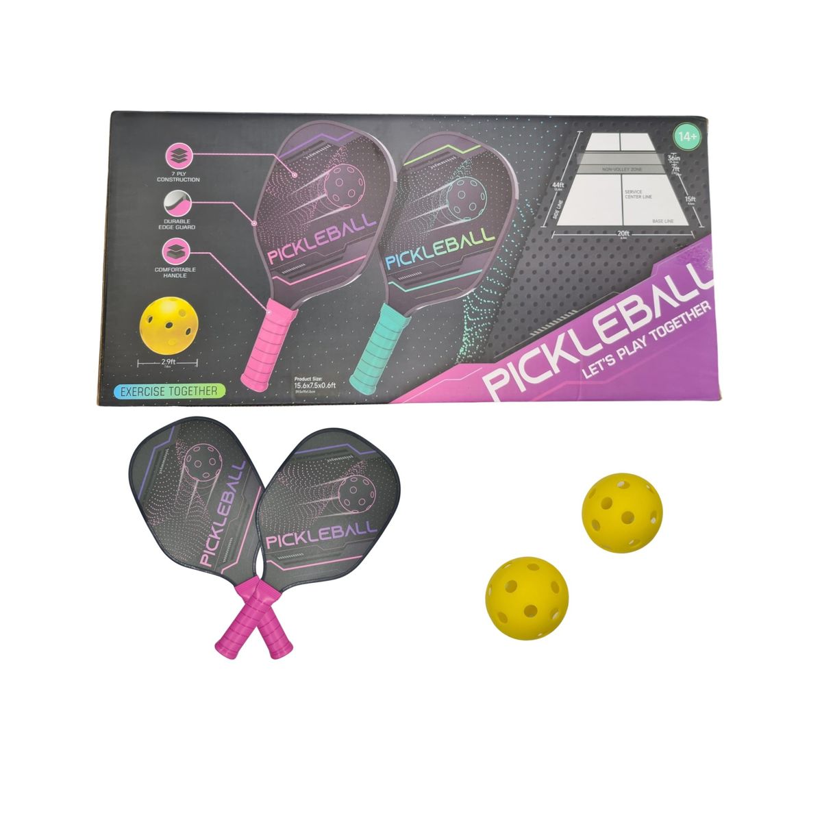GENERICO - 2 Raquetas Grandes Pickleball + 2 Pelota Juego Tenis Playa