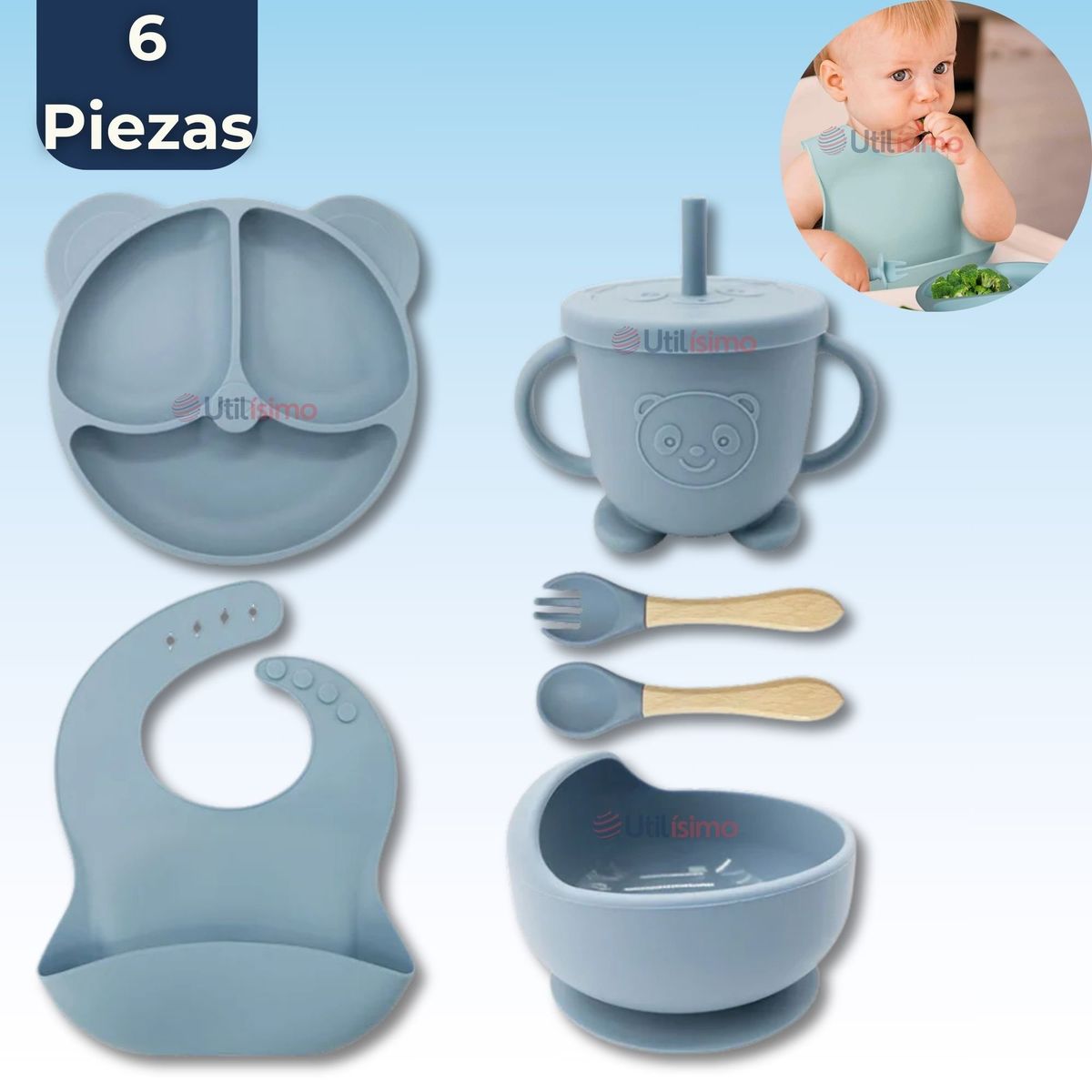 UTILISIMO - Set De Alimentación Bebé Silicona De Oso 6 Piezas Libre BPA