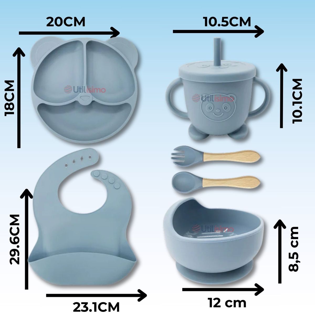 UTILISIMO - Set De Alimentación Bebé Silicona De Oso 6 Piezas Libre BPA