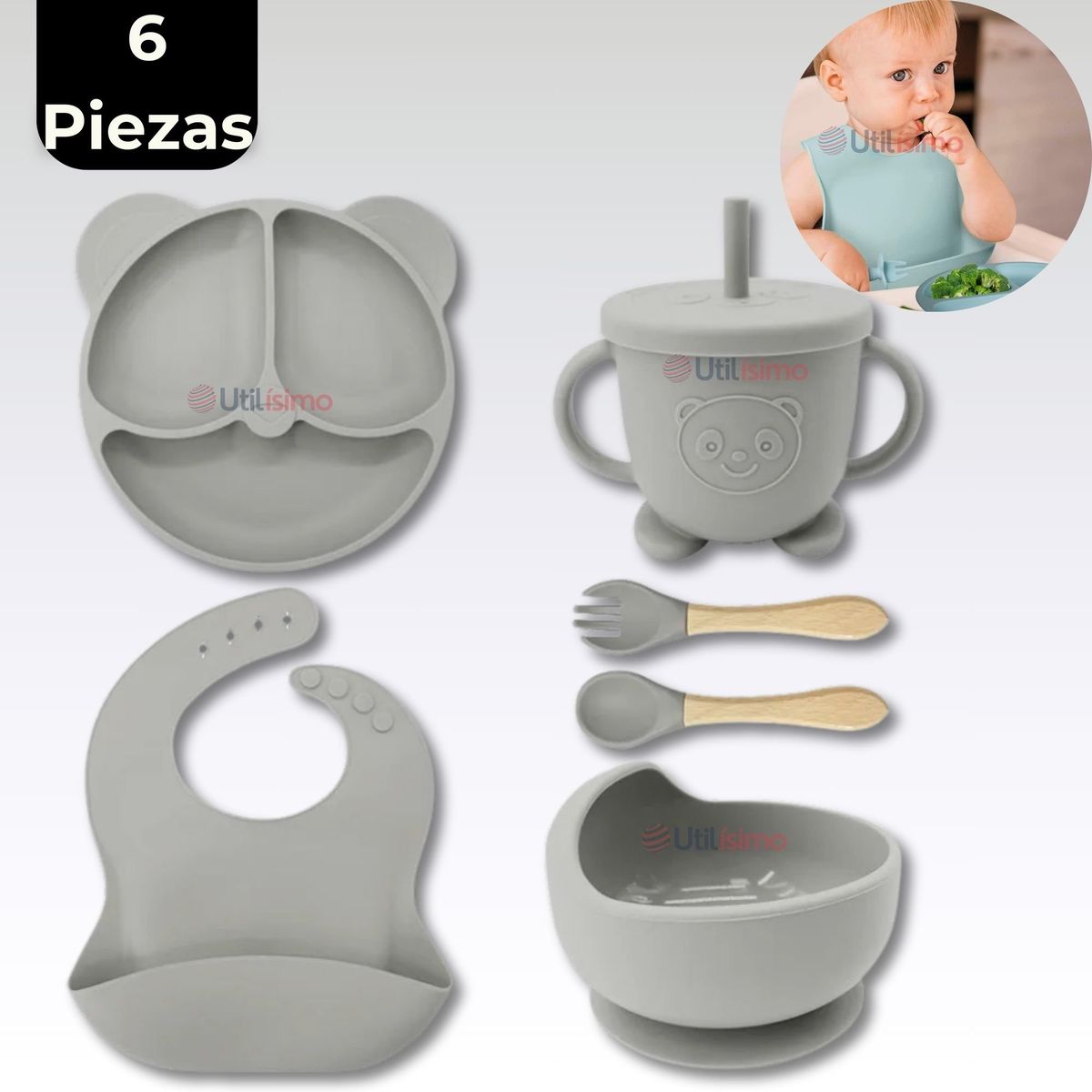 UTILISIMO - Set De Alimentación Bebé Silicona De Oso 6 Piezas Libre BPA