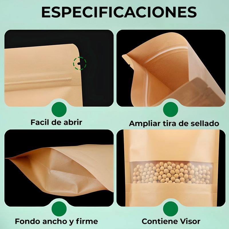 GENERICO - 500 Bolsas DoyPack Kraft Hermetico Con Visor 9X14X3CM.