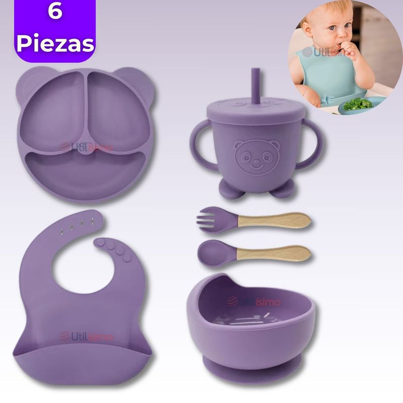 UTILISIMO - Set De Alimentación Bebé Silicona De Oso 6 Piezas Libre BPA