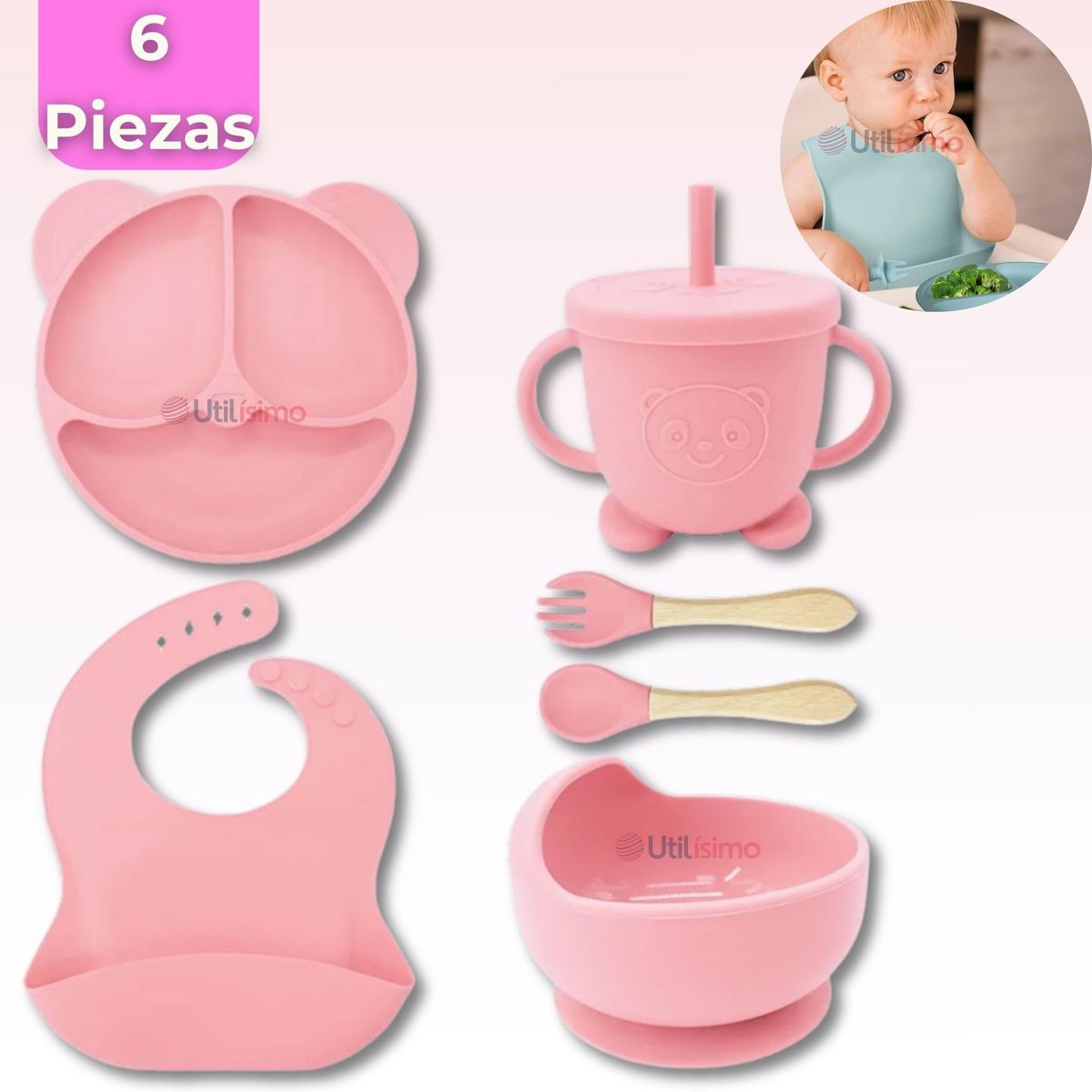 UTILISIMO - Set De Alimentación Bebé Silicona De Oso 6 Piezas Libre BPA