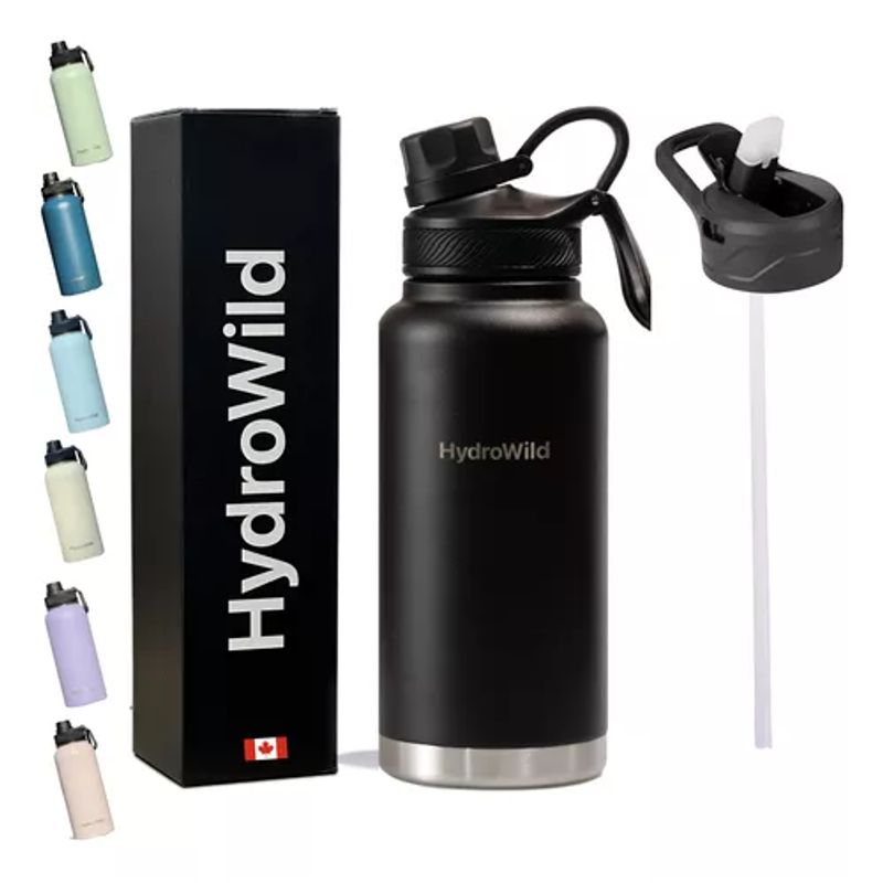 GENERICO - Botella térmica de 1L inoxidable Hydrowild con tapas color negro