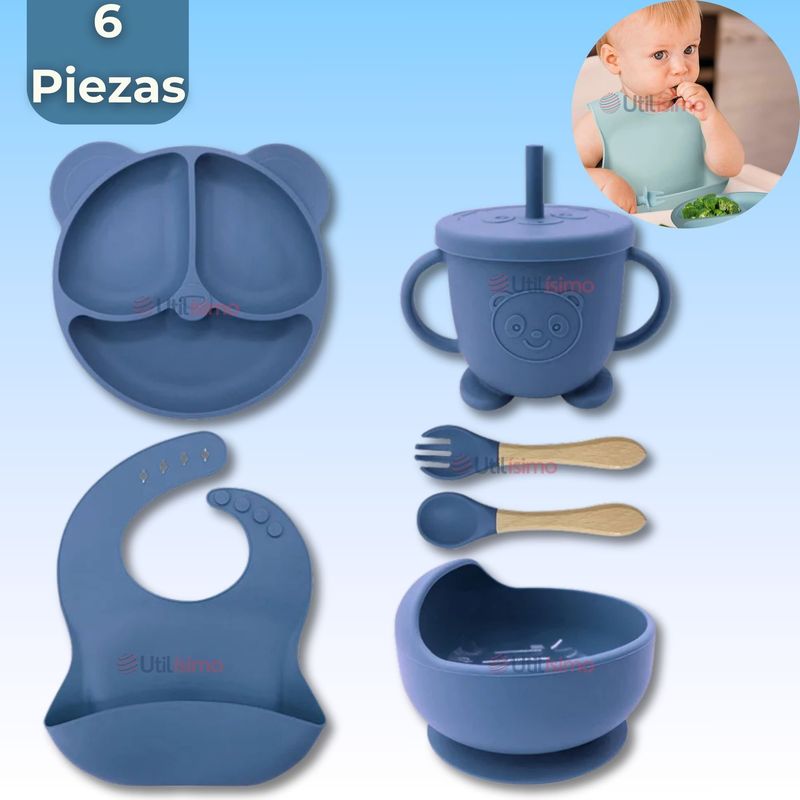 UTILISIMO - Set De Alimentación Bebé Silicona De Oso 6 Piezas Libre BPA