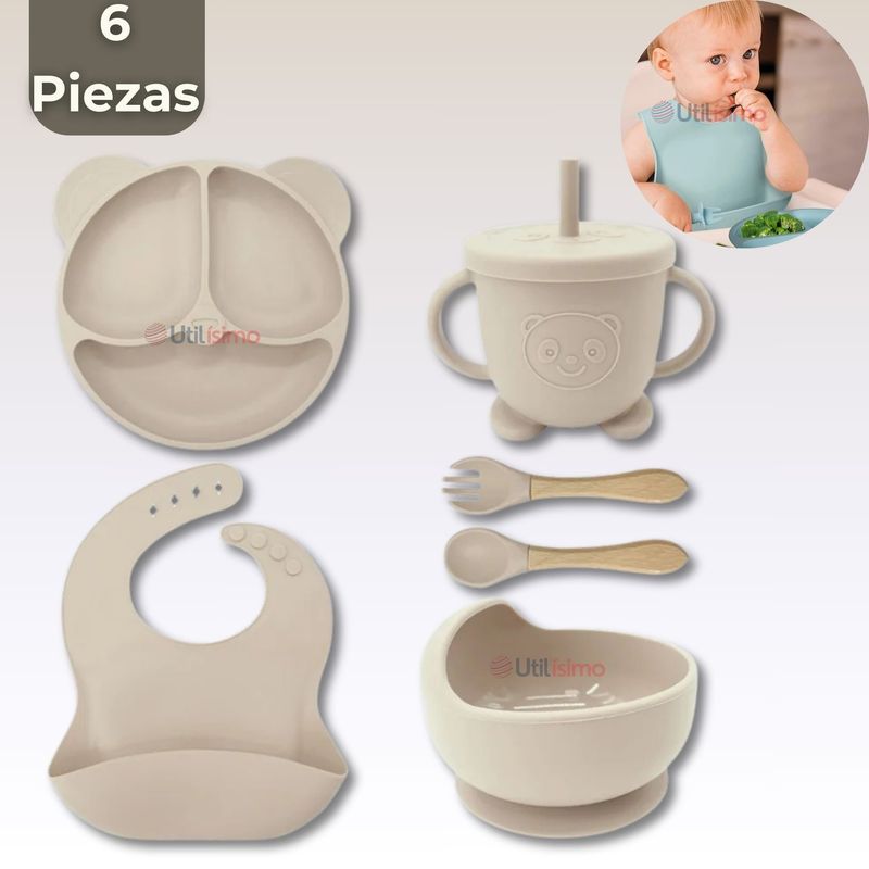 UTILISIMO - Set De Alimentación Bebé Silicona De Oso 6 Piezas Libre BPA