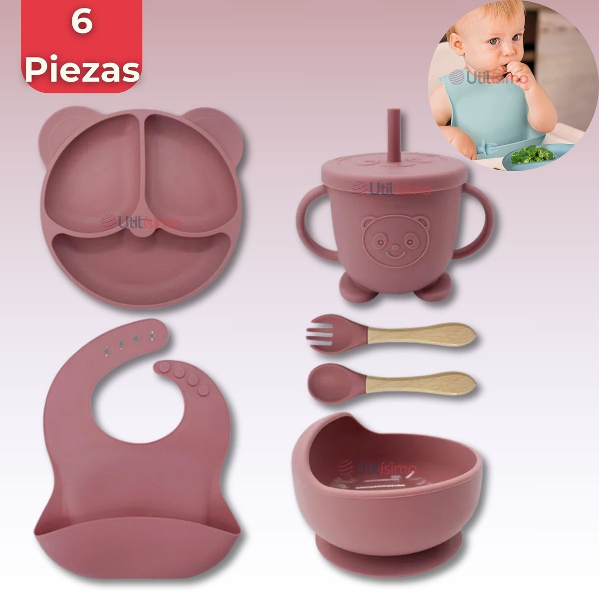 UTILISIMO - Set De Alimentación Bebé Silicona De Oso 6 Piezas Libre BPA