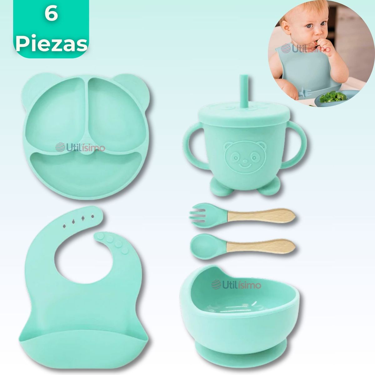 UTILISIMO - Set De Alimentación Bebé Silicona De Oso 6 Piezas Libre BPA