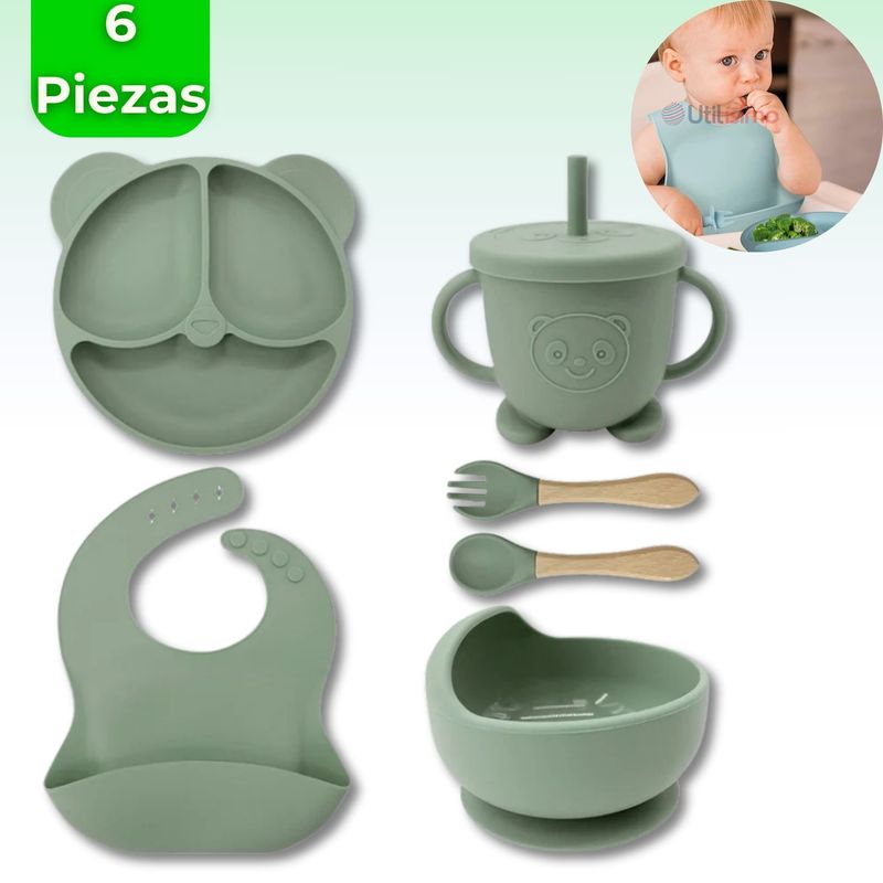 UTILISIMO - Set De Alimentación Bebé Silicona De Oso 6 Piezas Libre BPA