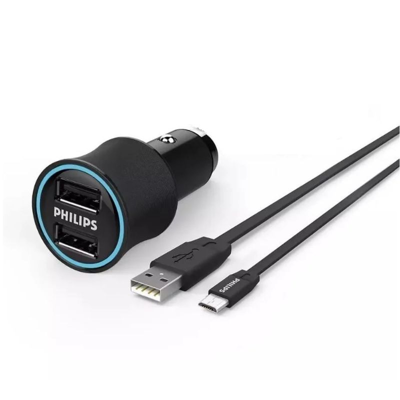 PHILIPS - Cargador auto USB Doble con cable USB a Micro USB Philips