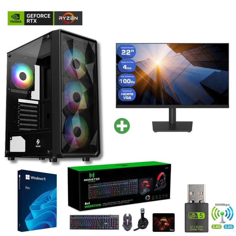 AMD CORP - Pc Gamer AMD Ryzen 5 5500 - 16GB RAM - RTX 3050 - 1TB - WIFI (Monitor 22") PELU