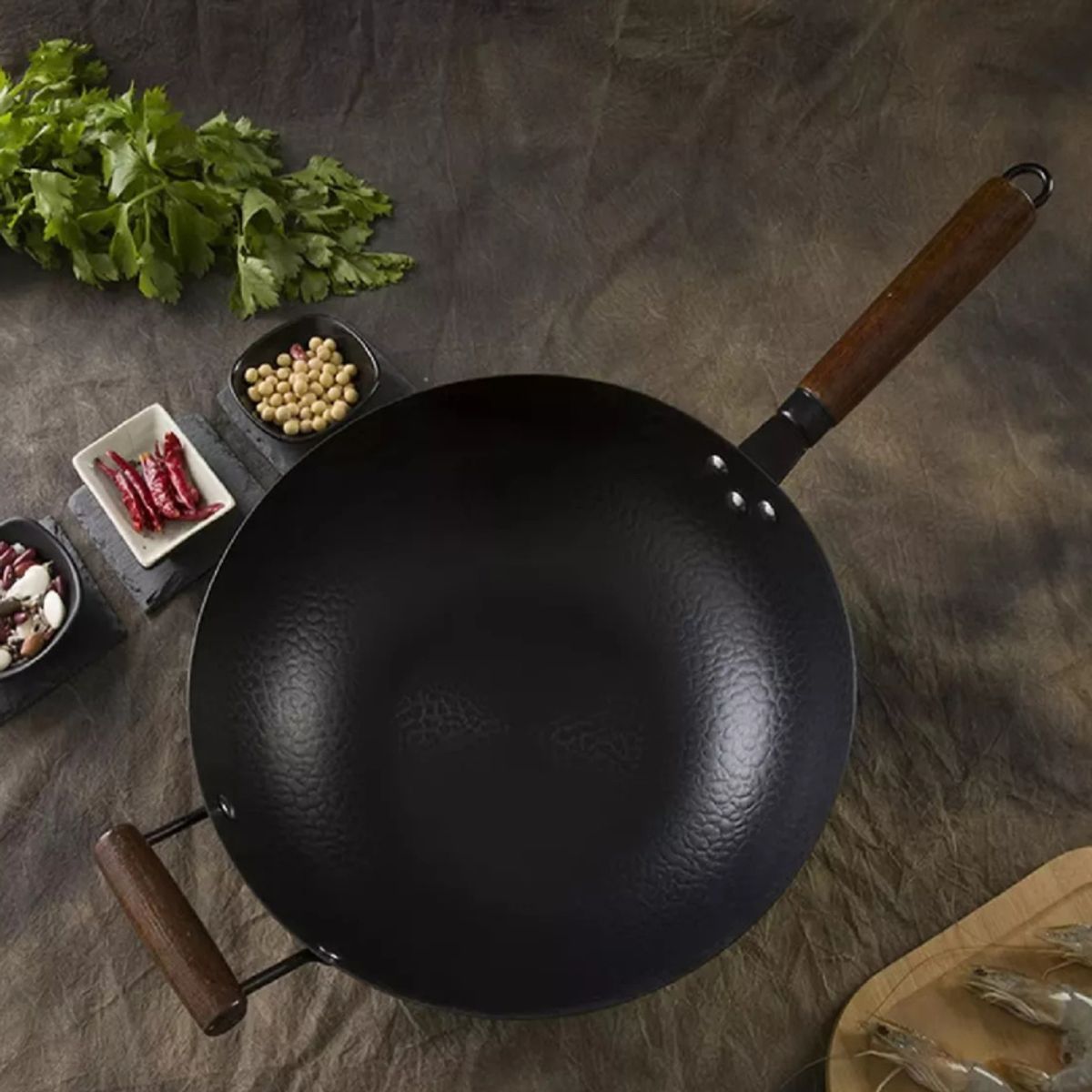 GENERICO - Sartén Premium Wok de Hierro Forjado 32 cm con Mango de Madera