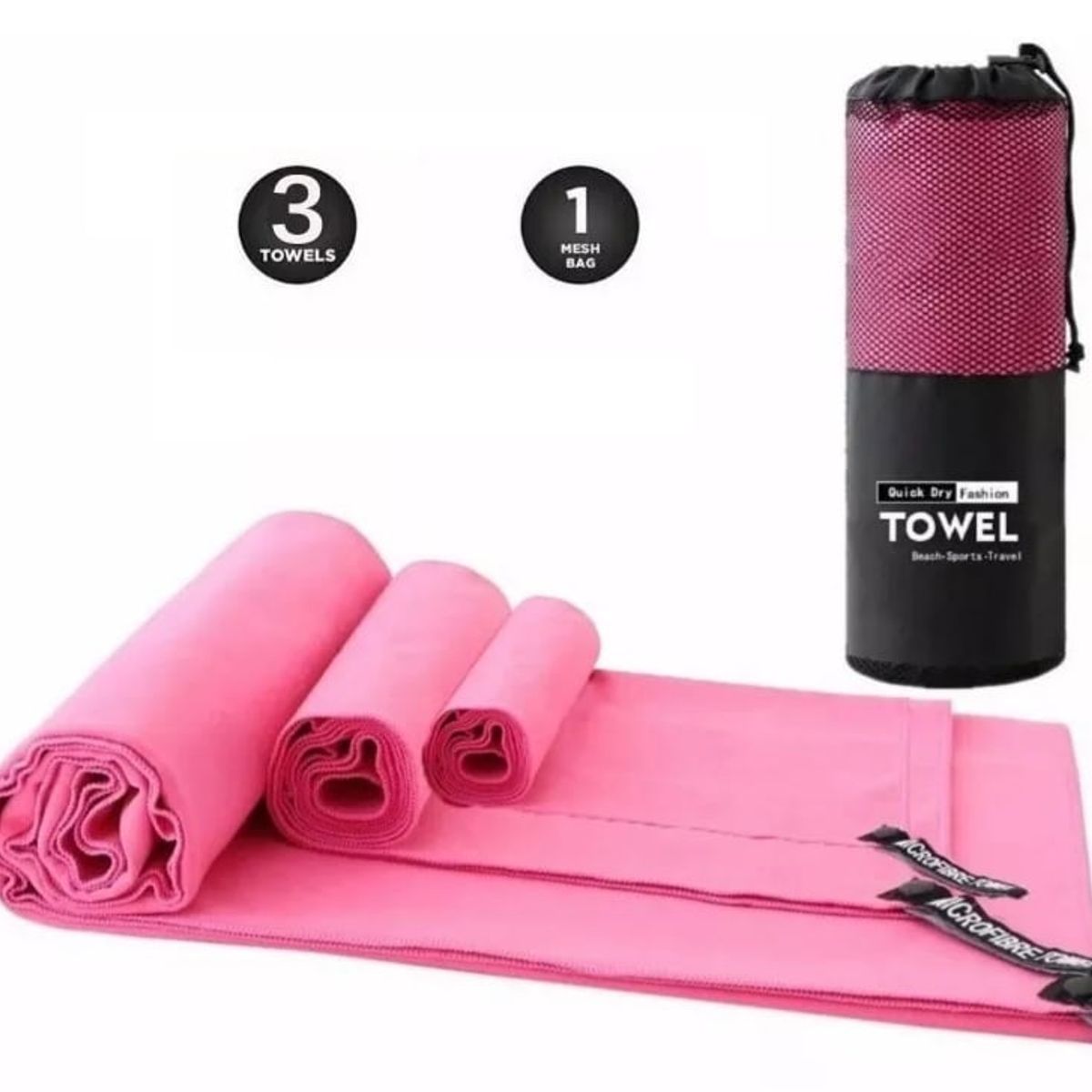 GENERICO - Set  de 3 Toallas Baño Viaje Microfibra Secado Rápido Rosada Pink, Allinx