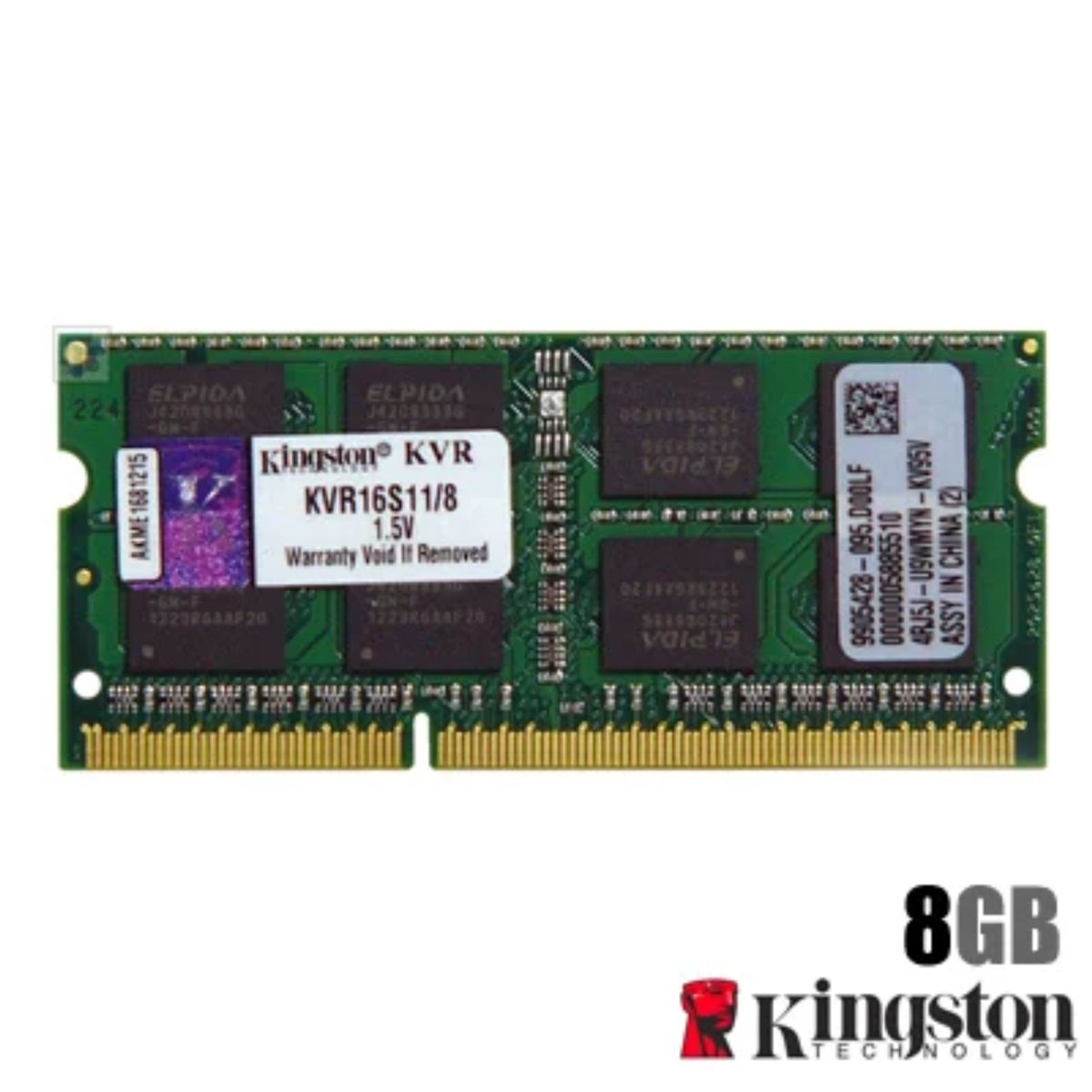 KINGSTON - Memoria RAM Kingston 8GB DDR3 1600MHz SODIMM  KVR16S118 para notebook
