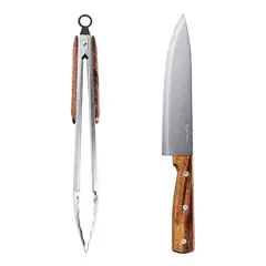 BOHEMIK - Set Parrillero Cuchillo + Tenazas Fontina Acero Mango Madera