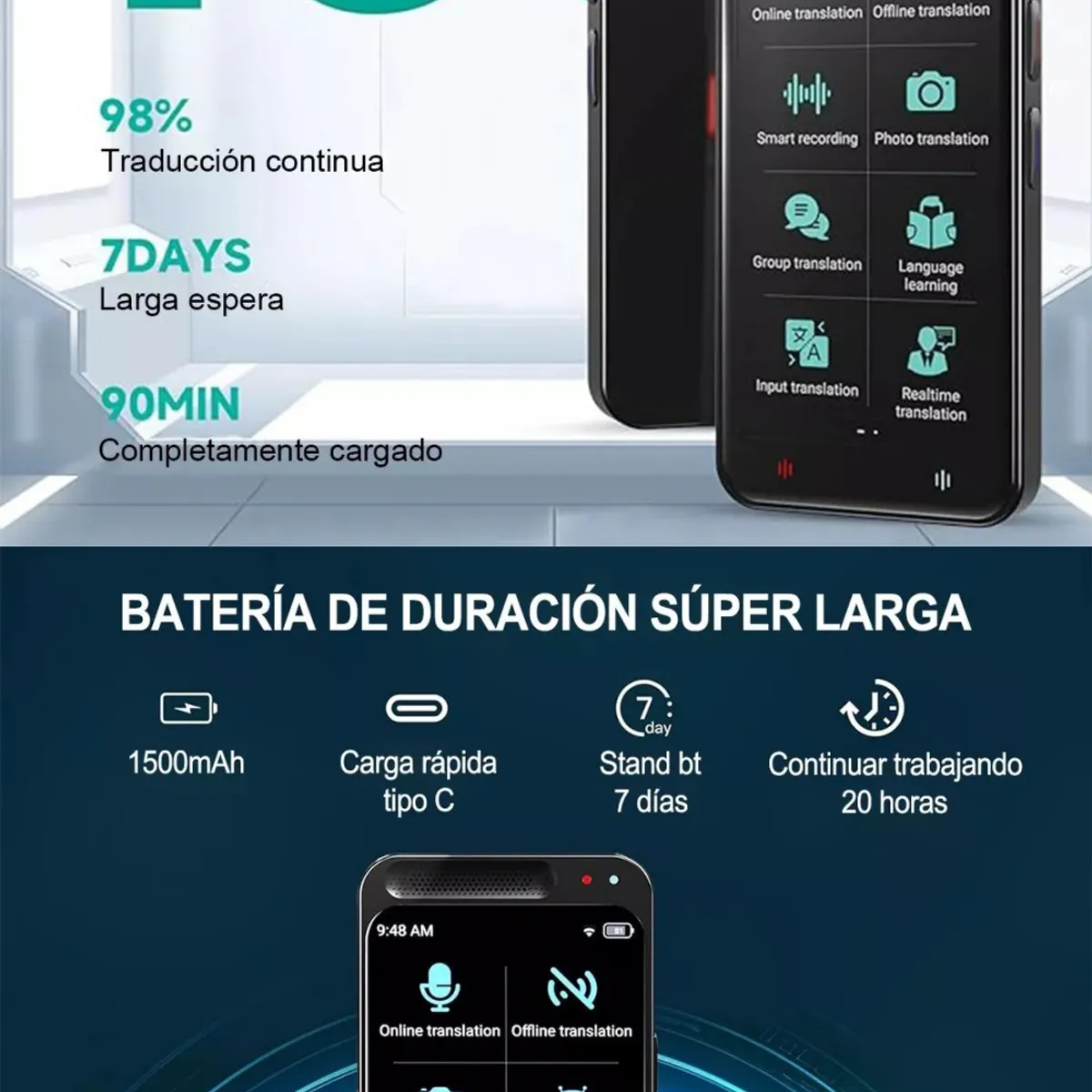 KUANGYE - Traductor Instantáneo Rápido Sin Conexión De 138 Idiomas