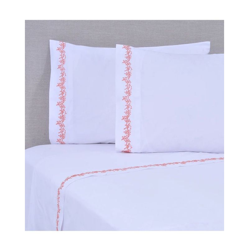 MASHINI - Sábana 180 hilos bordada ramas Rosado 1.5 plazas