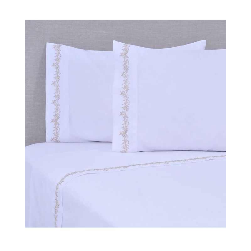 MASHINI - Sábana 180 hilos bordada ramas beige 1.5 plazas