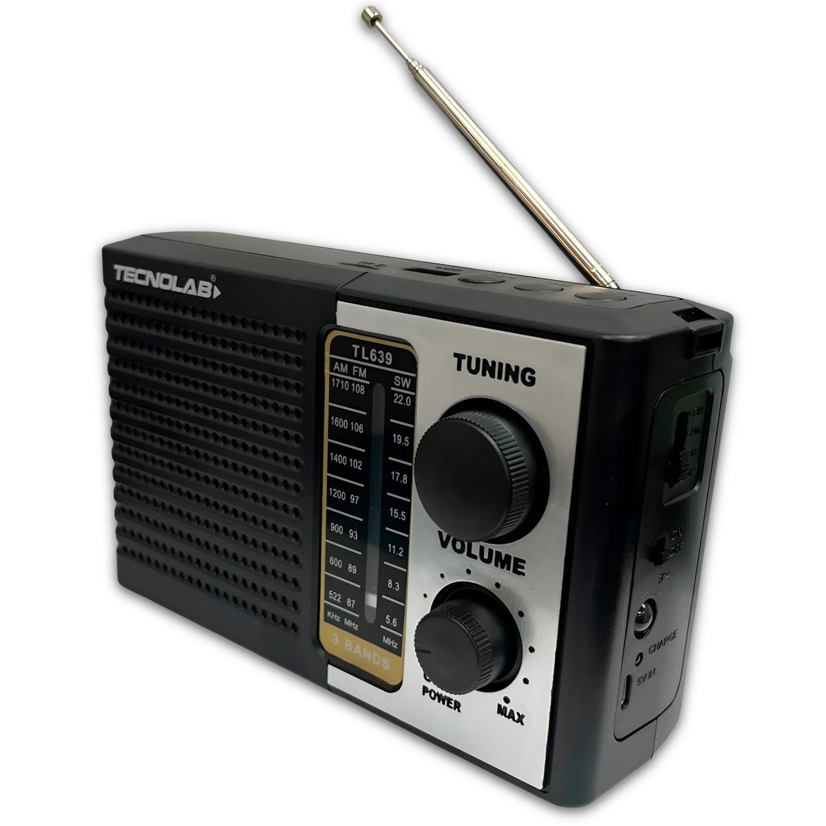 TECNOLAB - Radio Portátil AM FM SW Recargable +Pilas + Luz LED 5W RMS