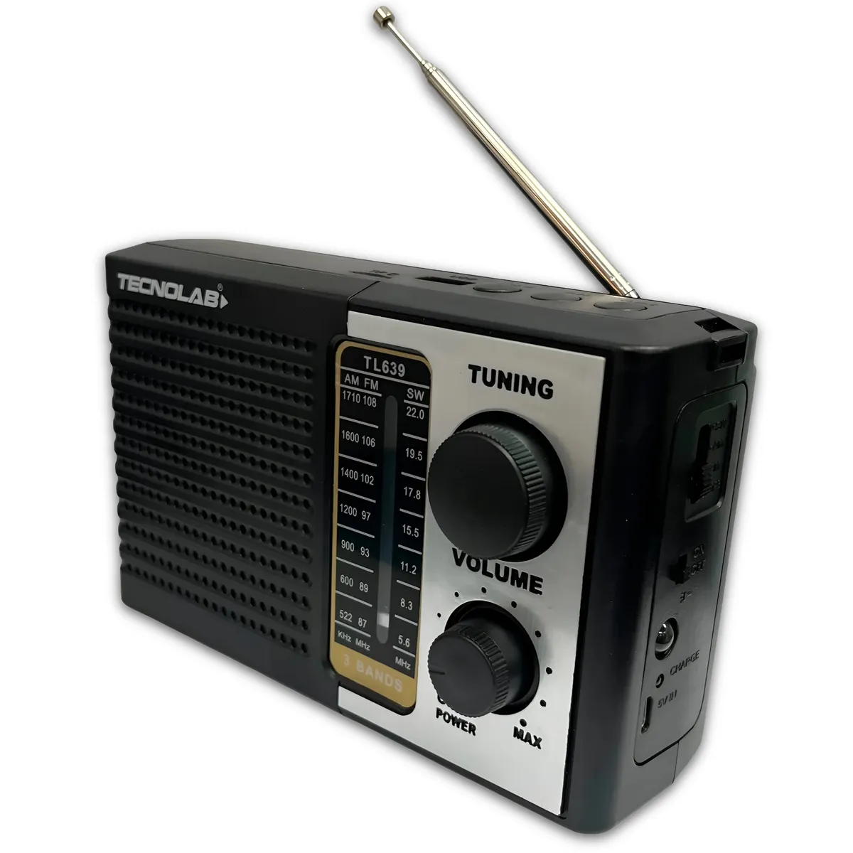 TECNOLAB - Radio Portátil AM FM SW Recargable +Pilas + Luz LED 5W RMS