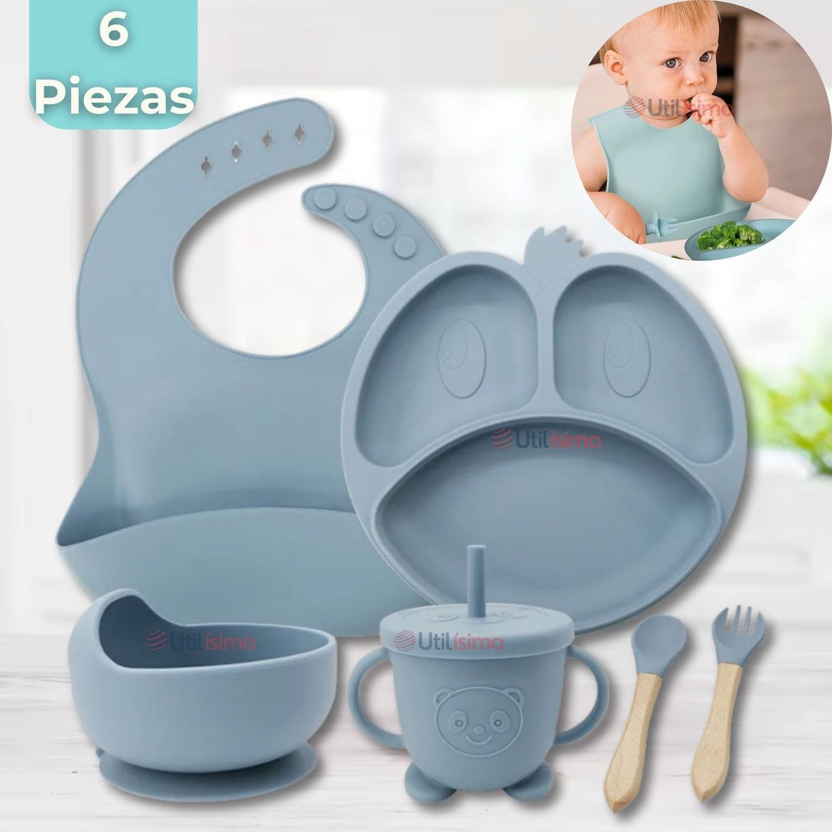 UTILISIMO - Set De Alimentación Bebé Silicona Formas 6 Piezas Libre BPA