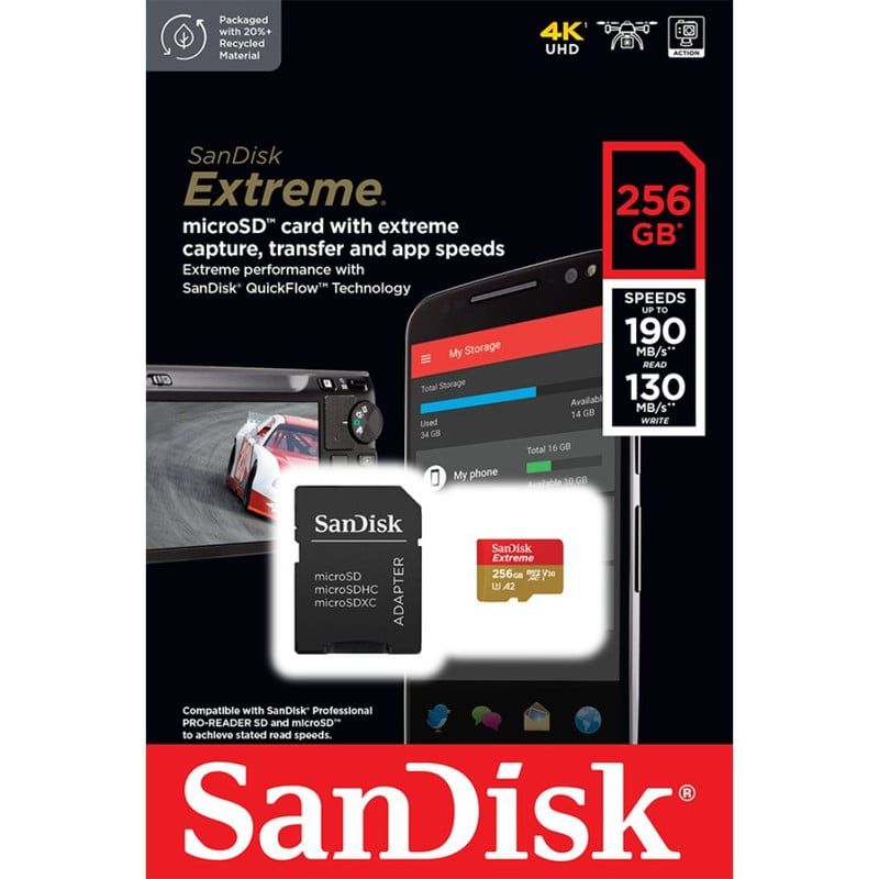 SANDISK - Tarjeta MicroSD 256GB Sandisk Extreme UHS-I U3 A2 Adaptador