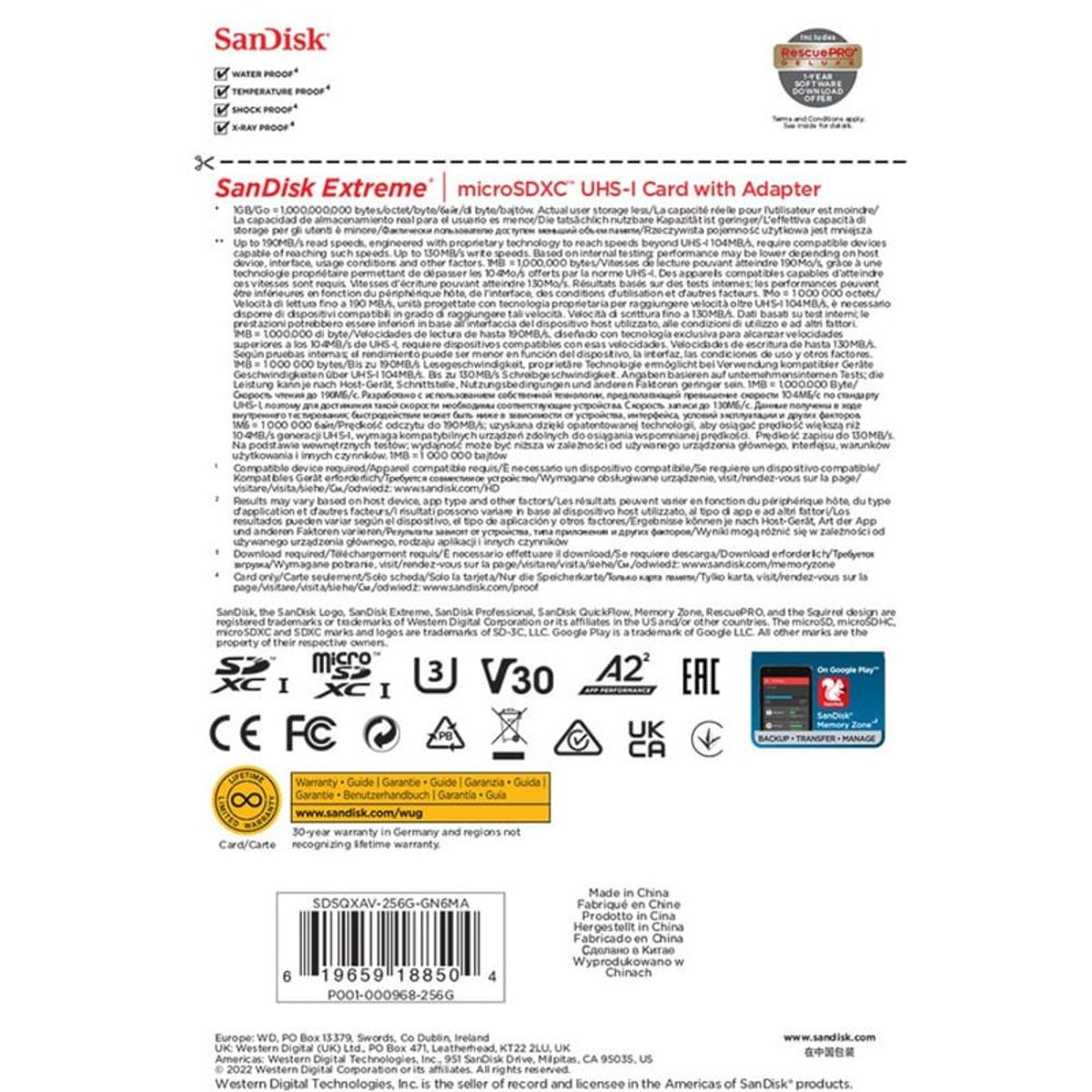 SANDISK - Tarjeta MicroSD 256GB Sandisk Extreme UHS-I U3 A2 Adaptador