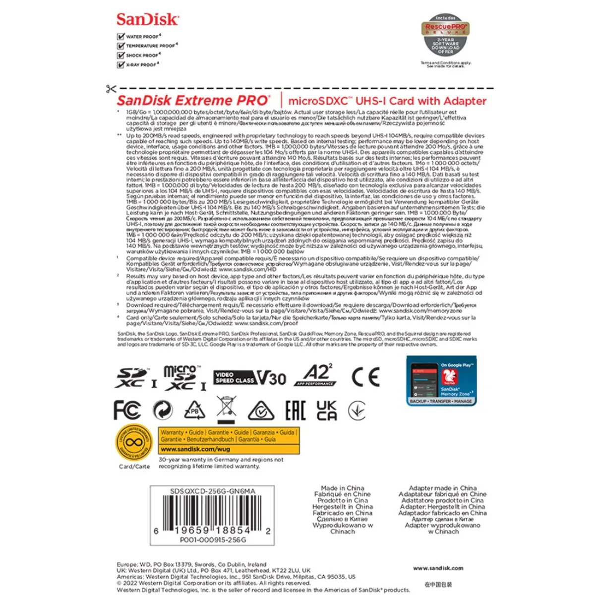 SANDISK - Tarjeta MicroSD 256GB Extreme Pro UHS-I U3 A2 Adaptador SD Sandisk