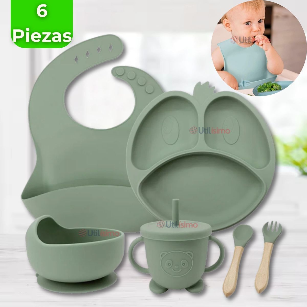 UTILISIMO - Set De Alimentación Bebé Silicona Formas 6 Piezas Libre BPA