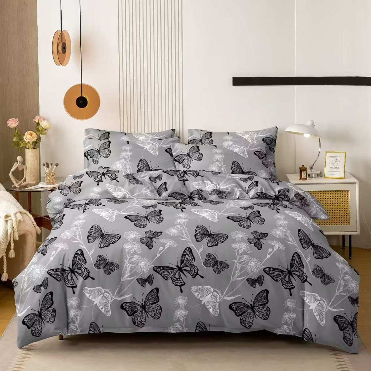 GENERICO - Sábanas con diseño gris mariposa 1.5 plaza juego de 3 piezas teng fei