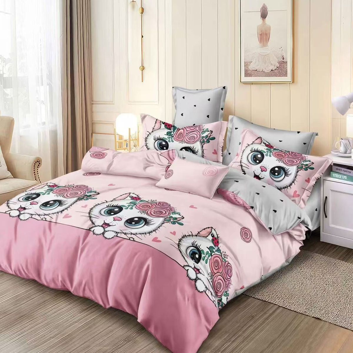 GENERICO - Sábanas con diseño DULCE GATITA 1.5 plaza juego de 3 piezas TF