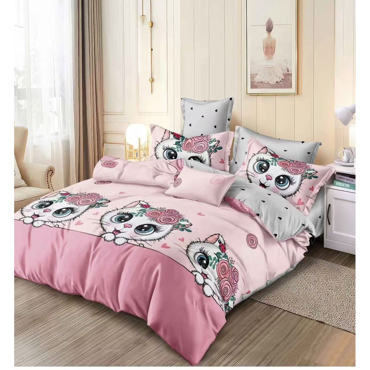 GENERICO - Sábanas con diseño DULCE GATITA 1.5 plaza juego de 3 piezas TF