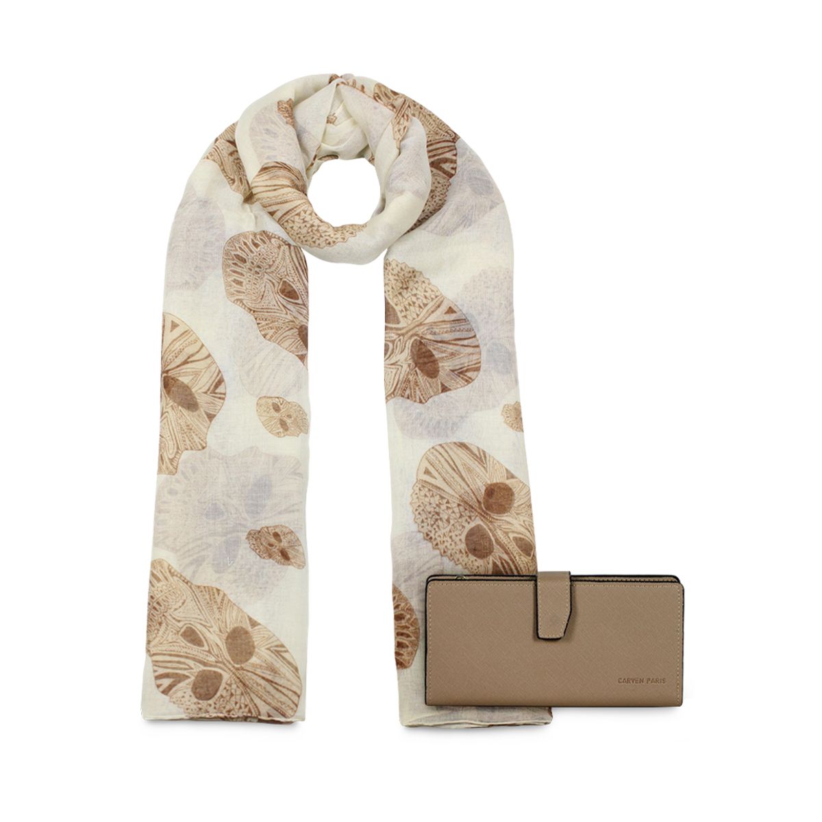 CARVEN - Pack Billetera Vesta taupe + Pañuelo Omani beige Carven