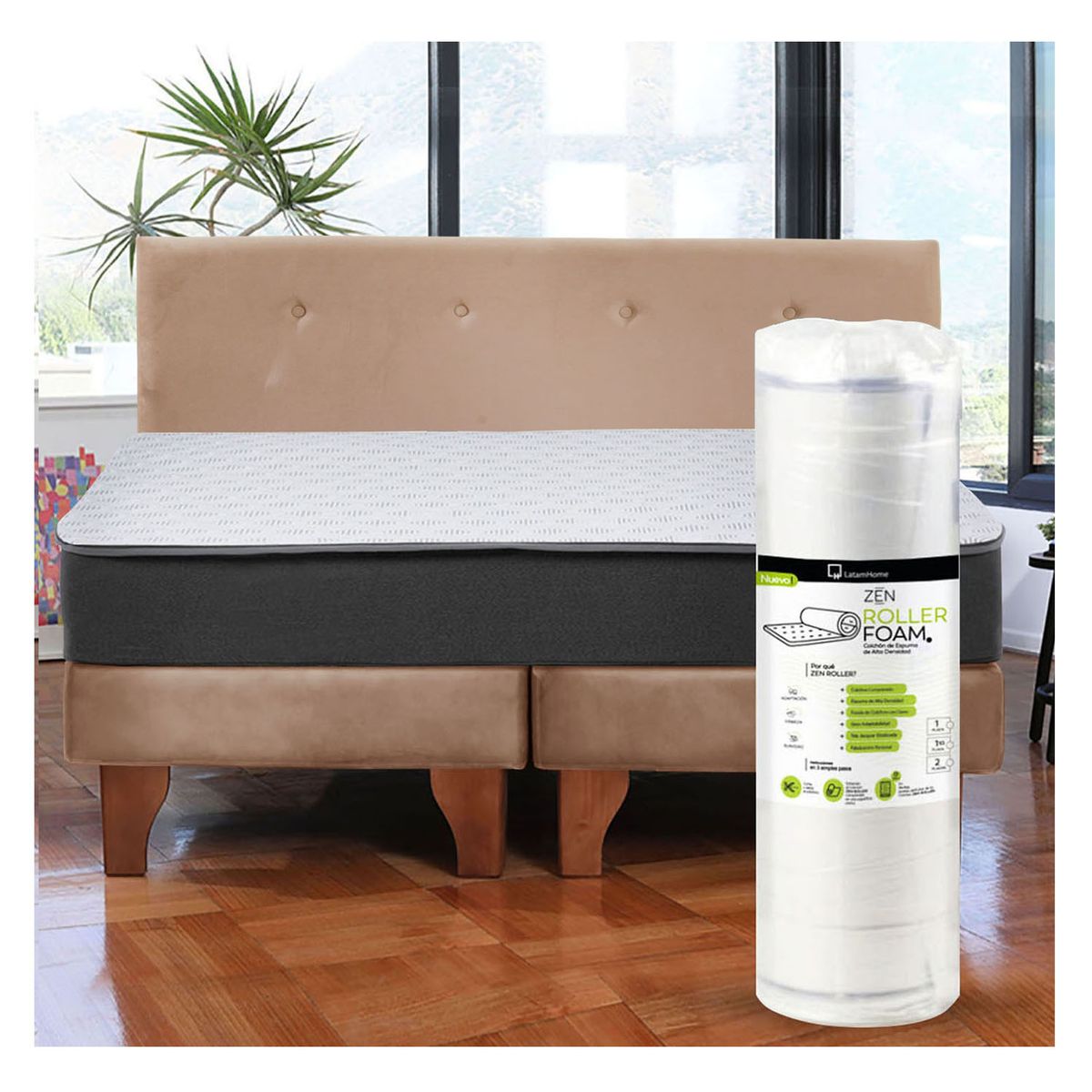 LATAM HOME - Cama Europea Zen Roller 2 Plazas Colchon Comprimido Espuma Tela Beige