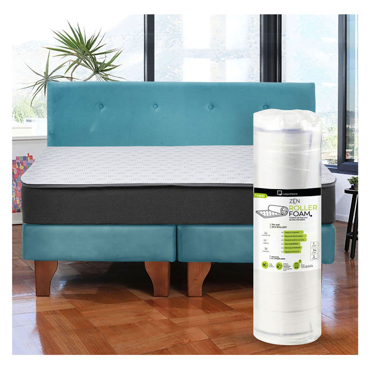 LATAM HOME - Cama Europea Zen Roller 2 Plazas Colchon Comprimido Espuma Tela Turquesa