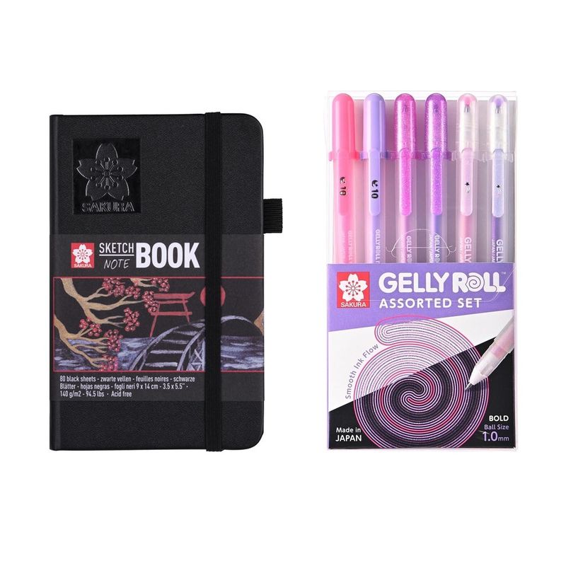 GENERICO - Sketchbook Sakura Hoja Negra 9x14 + Set Gelly Roll Rosado y Morado