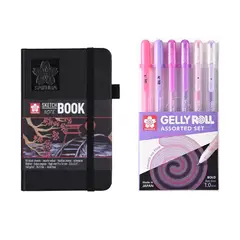 GENERICO - Sketchbook Sakura Hoja Negra 9x14 + Set Gelly Roll Rosado y Morado